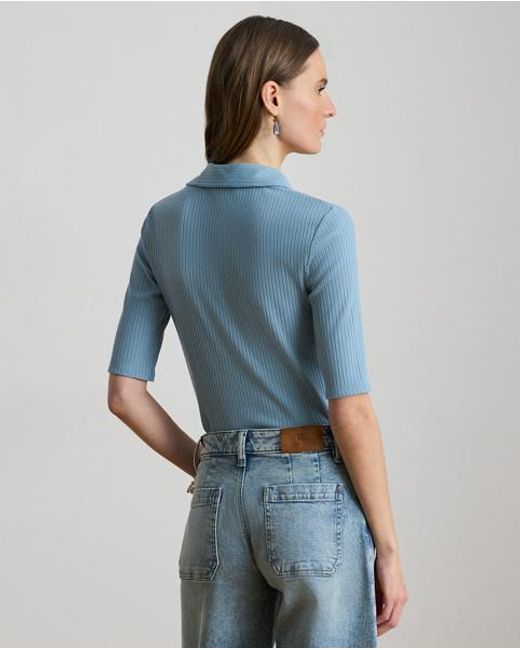 Ralph Lauren Blue Rib-Knit Elbow-Sleeve Polo Tee