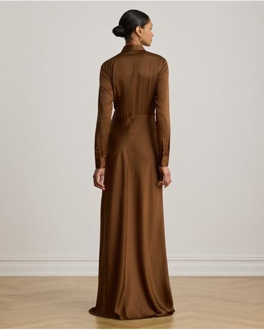 Ralph Lauren Brown Pleated Button-Up Charmeuse Gown
