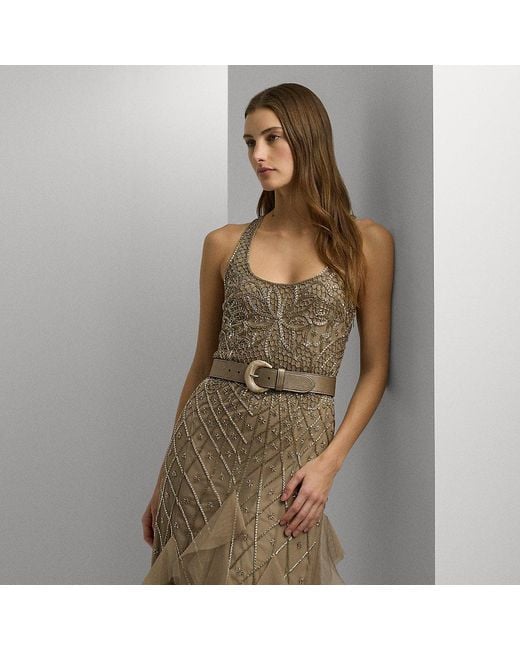 Ralph Lauren Brown Ruffle-trim Beaded Mesh Gown