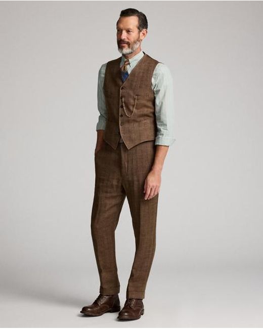 RRL Brown Linen Herringbone Waistcoat for men