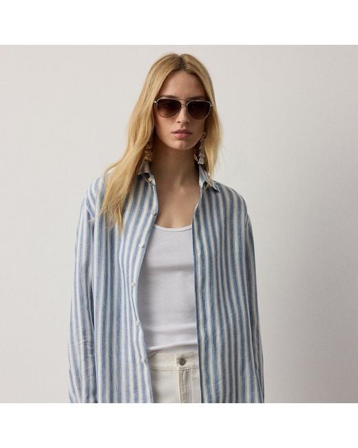 Ralph Lauren Blue Capri Relaxed Fit Striped Linen Shirt
