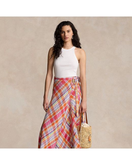 Ralph Lauren Pink Plaid Linen Wrap Skirt