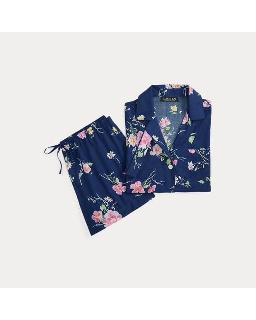 Ralph Lauren Blue Floral Cotton-Blend Lawn Boxer Sleep Set