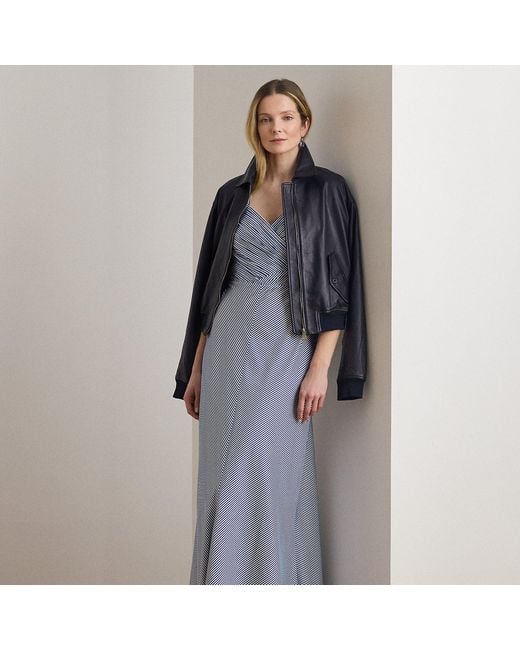 Ralph Lauren Blue Striped Pleated Taffeta Sleeveless Gown