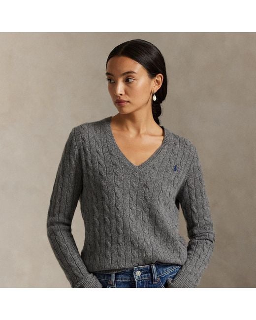 Polo Ralph Lauren Gray Cable Wool-Cashmere V-Neck Jumper