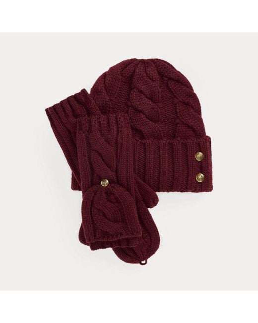 Ralph Lauren Red Cable-Knit Beanie & Mittens Set