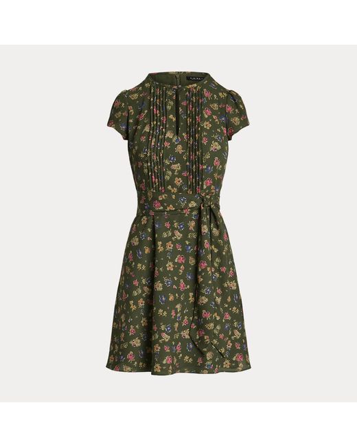 Ralph Lauren Green Geblümtes Kleid Aus Georgette Mit Gürtel