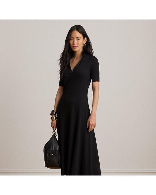 Ralph Lauren Black Rib-Knit Elbow-Sleeve Polo Dress