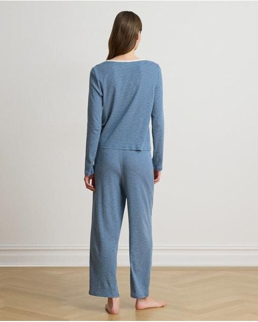 Ralph Lauren Blue Striped Lace-Trim Rib-Knit Pyjama Set