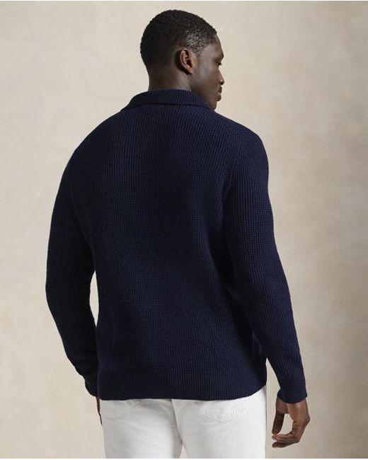 Polo Ralph Lauren Blue Textured Wool-Cotton Polo-Collar Jumper for men