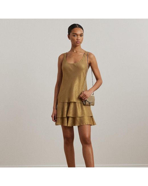 Ralph Lauren Natural Metallic Chiffon Sleeveless Shift Dress