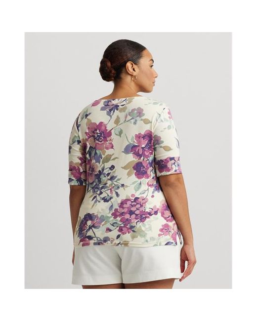 Lauren by Ralph Lauren Plus Size - Gebloemd Katoenen T-shirt Met Boothals in het Multicolor