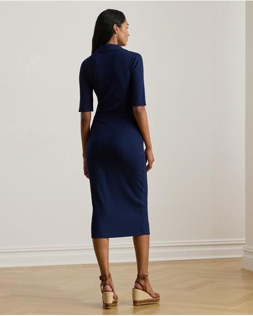 Ralph Lauren Blue Rib-Knit Elbow-Sleeve Polo Dress