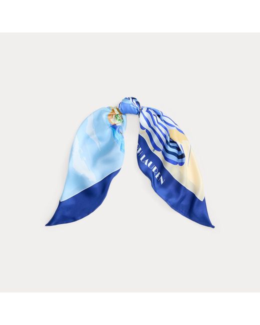 Ralph Lauren Blue Landscape-Motif Silk Square Scarf