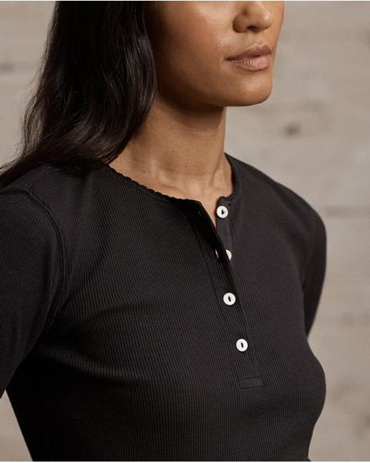 RRL Black Stretch Waffle-Knit Henley Shirt