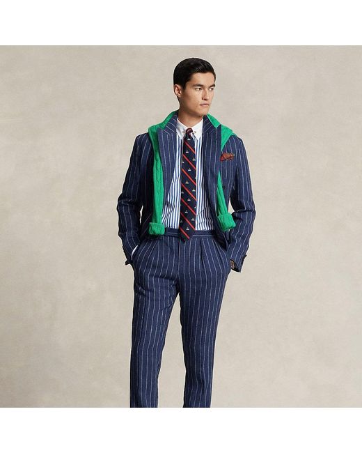 Ralph Lauren Blue Pleated Striped Linen Suit Trouser for men
