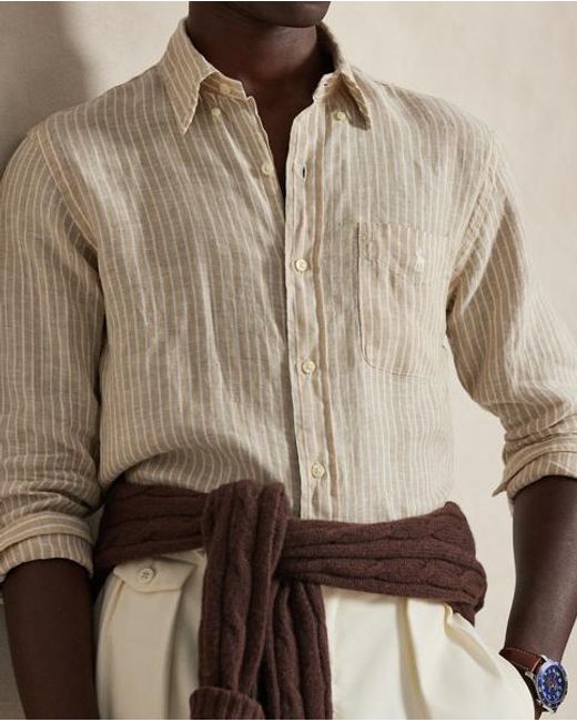 Polo Ralph Lauren Natural Custom Fit Striped Linen Shirt for men
