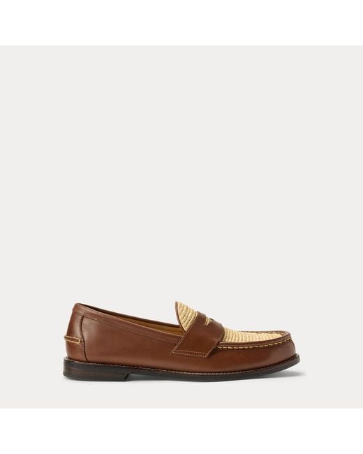 Ralph Lauren Brown Alston Raffia-Trim Leather Penny Loafer for men