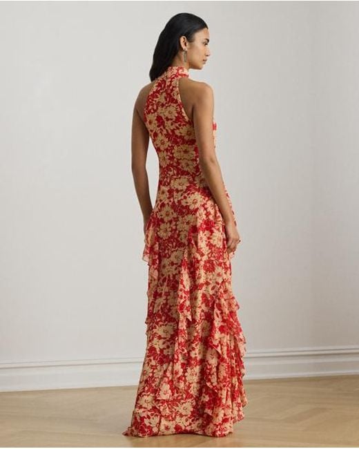 Ralph Lauren Red Floral Ruffle-Trim Georgette Halter Gown