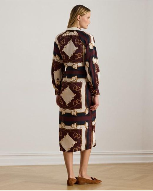 Ralph Lauren Brown Equestrian-Print Twill Midi Shirtdress
