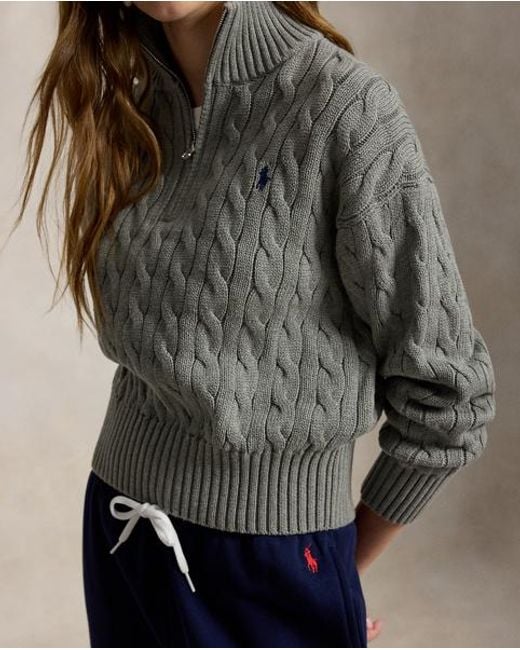 Polo Ralph Lauren Gray Cable-Knit Cotton Quarter-Zip Jumper