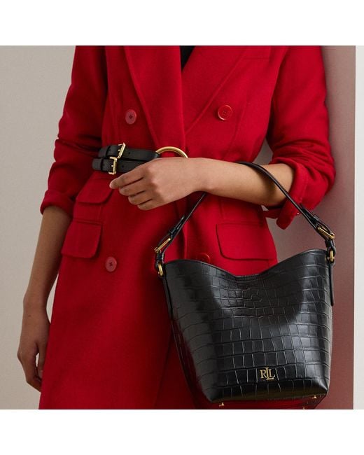 Ralph Lauren Black Croc-Embossed Medium Witley Bucket Bag