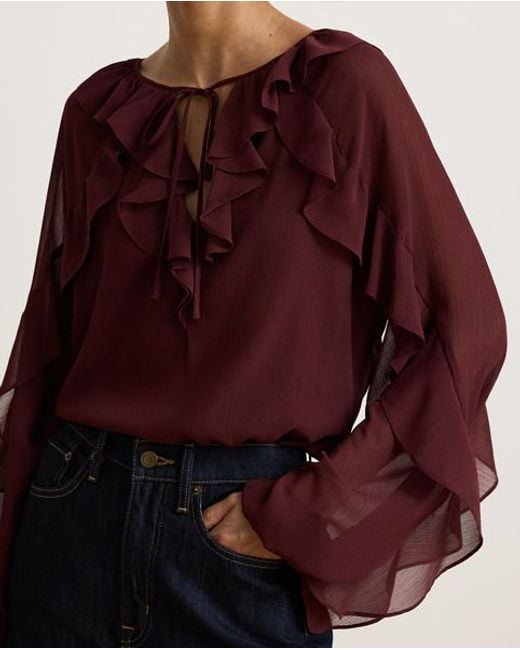Ralph Lauren Purple Ruffle-Trim Crinkle Georgette Blouse