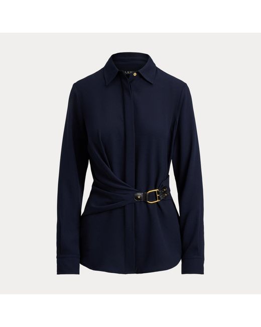 Ralph Lauren Blue Buckle-Trim Georgette Blouse