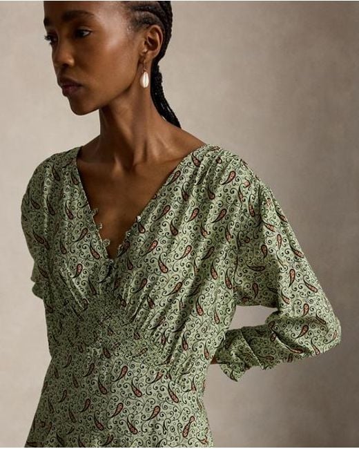 Polo Ralph Lauren Green Paisley Crepe Smocked Dress