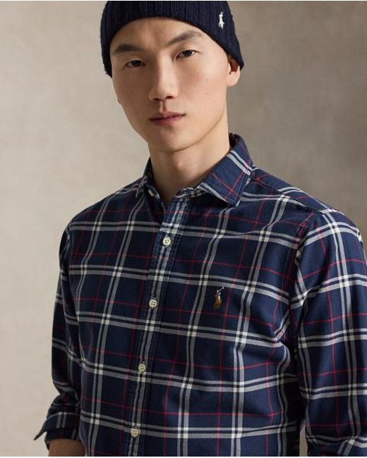 Polo Ralph Lauren Blue Custom Fit Plaid Oxford Shirt for men