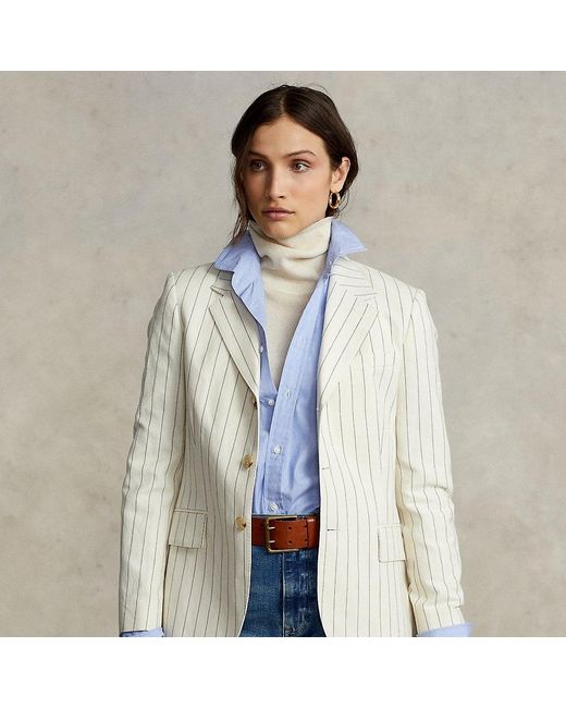 Ralph Lauren Pinstripe Cotton-linen-wool Blazer in Natural | Lyst