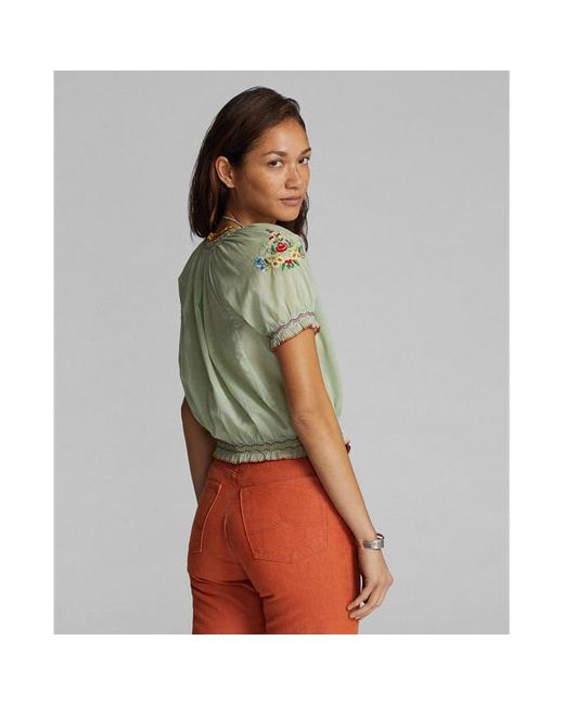RRL Green Embroidered Cotton Voile Blouse