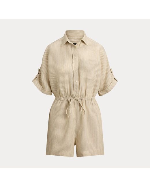 Ralph Lauren Natural Striped Linen Roll-Tab-Sleeve Romper