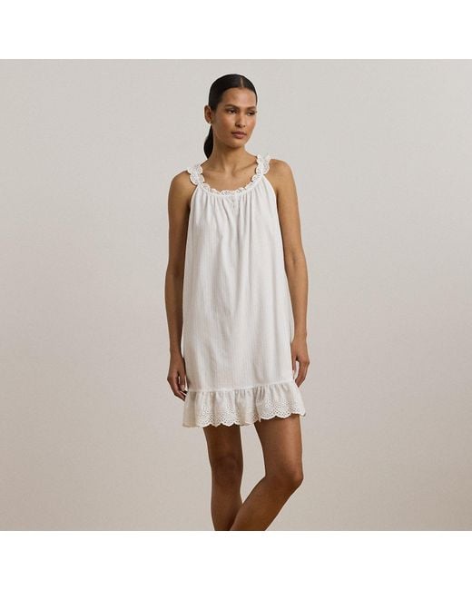 Ralph Lauren White Ruffle-Trim Eyelet Knit Nightgown