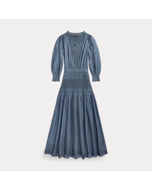 RRL Blue Smocked Cotton Voile Dress
