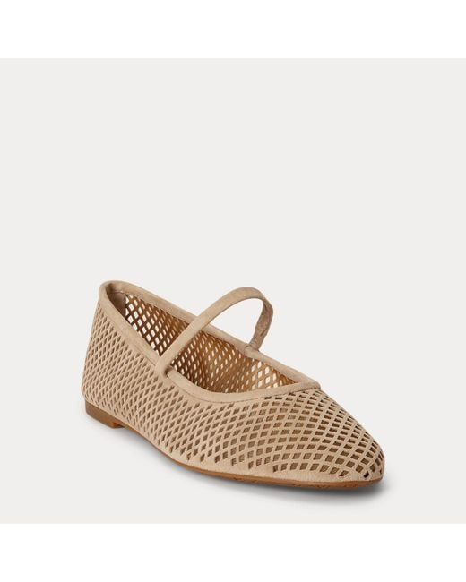 Ralph Lauren Natural Jayna Perforated Suede Mary Jane Flat
