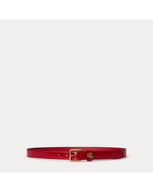 Ralph Lauren Red Logo-Keeper Patent Leather Skinny Belt