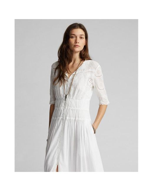 RRL White Baumwollvoile-Kleid mit Spitzenbesatz