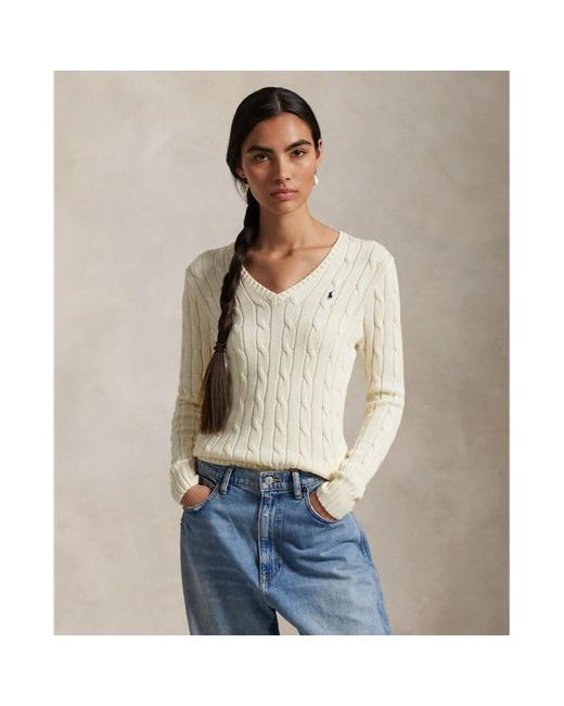 Polo Ralph Lauren White Cable-knit Cotton V-neck Sweater