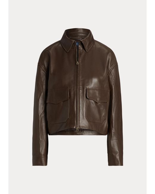 Polo Ralph Lauren Cropped Leather Bomber Jacket in Brown | Lyst UK