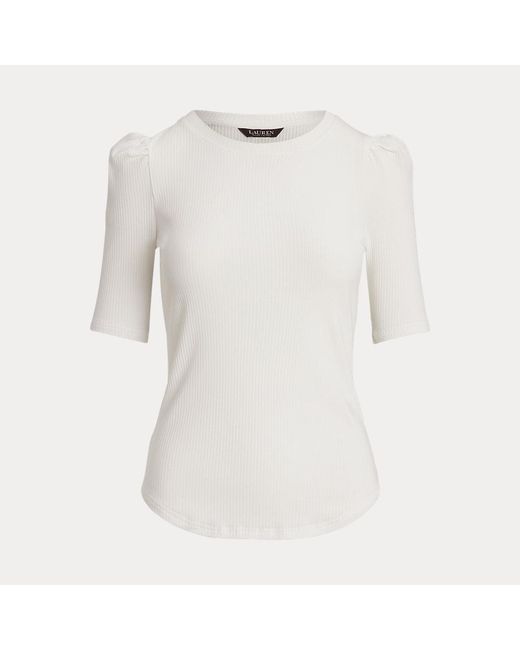 Ralph Lauren White Cotton-blend Rib-knit Puff-sleeve Tee