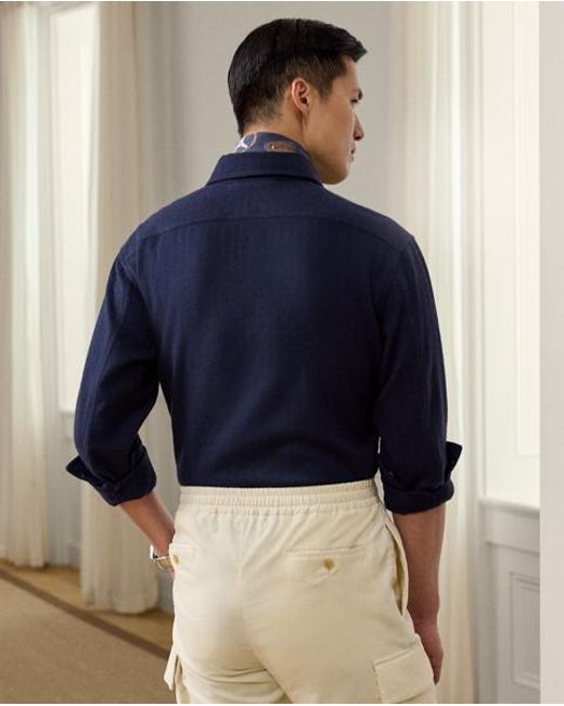 Ralph Lauren Blue Cotton-Cashmere Herringbone Shirt for men