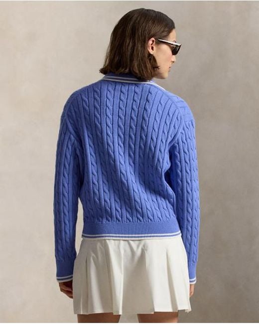 Ralph Lauren Blue Cable-Knit Polo-Collar Sweater