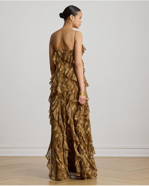 Ralph Lauren Metallic Python-Print Ruffle-Trim Georgette Gown