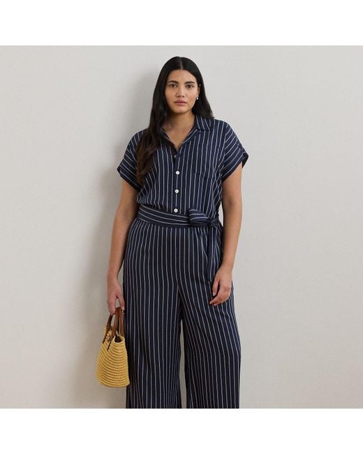 Ralph Lauren Blue Ralph Lauren Striped Belted Twill Wide-Leg Jumpsuit
