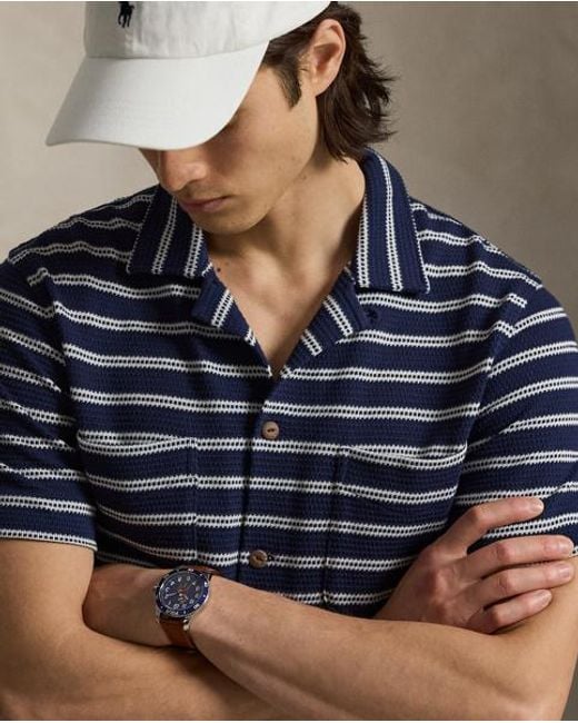 Polo Ralph Lauren Blue Striped Pointelle-Jersey Camp Shirt for men