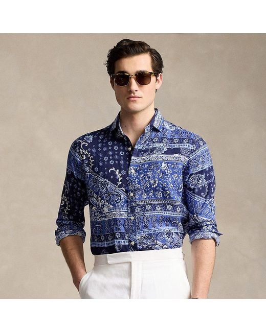 Ralph Lauren Blue Classic Fit Patchwork-print Linen Shirt for men