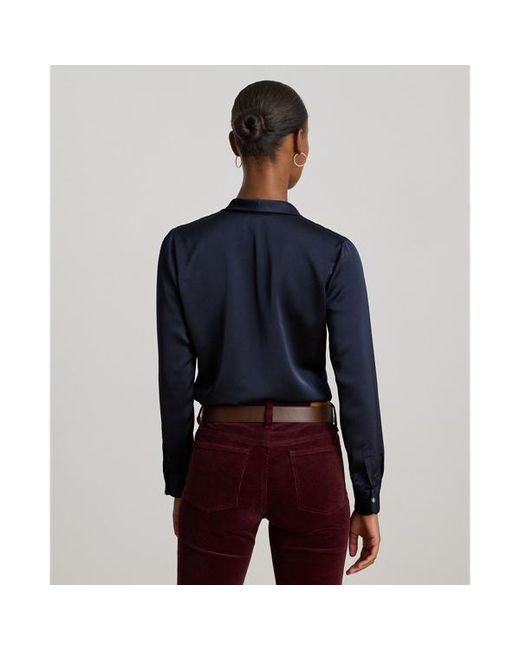 Ralph Lauren Blue Satin Charmeuse Tie-Neck Blouse