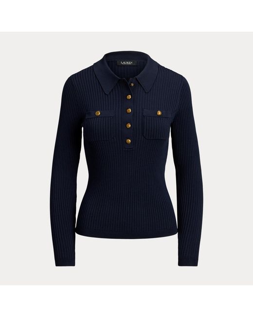 Ralph Lauren Blue Rib-Knit Long-Sleeve Polo Sweater