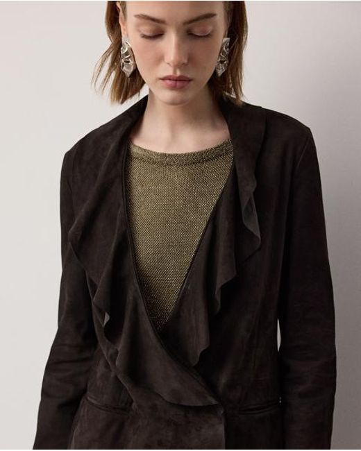 Ralph Lauren Black Heddie Ruffle-Trim Lamb-Suede Jacket